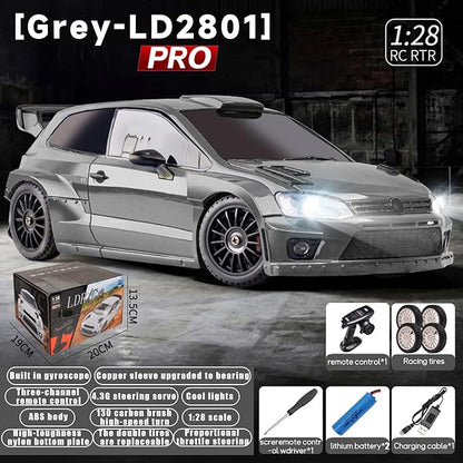 LDRC 2801PRO 1/28 Mini RC Drift Car GTR 2.4GHz 4WD RTR with Gyro and 4PCS Drift Tires Racing Radio Control Cars (Silvery)