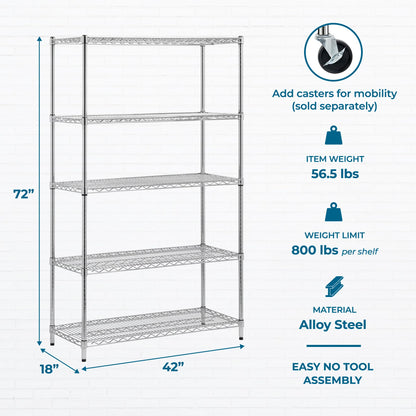 Honey-Can-Do 5-Tier Heavy-Duty Adjustable Shelves, Metal Storage Rack with 800-lb Shelf Capacity, Chrome, 18" W x 42" L x 72" H
