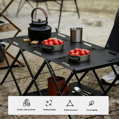 CGLRybO Folding Camping Table Portable Multi-Functional 4-Tier Picnic Rack Carbon Steel 37" with Storage Bag and 4 Hooks Indoor Outdoor, Heavy Duty, Portable, for Picnic, Party, Camping