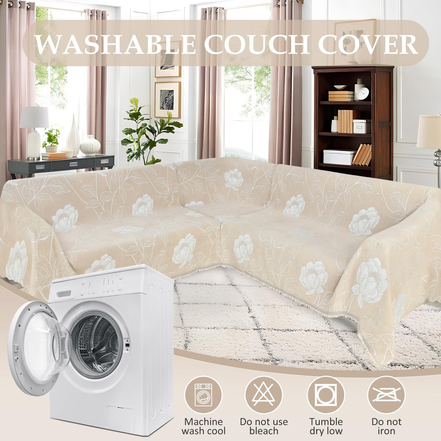 SYJOVIA 1OO% Waterproof Sectional Couch Covers for Dogs L Shaped Corner Sofa Cover Washable Chenille Sofa Slipcovers Blanket Modern Jacquard Pet Furniture Protector (91"x276", Beige Flower)