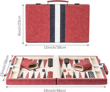 15inch Backgammon Sets for Adults Classic Board Game with Folding Leather Backgammon Case Faux Leather Exterior and Velvet Interior Portable Travel Game Set (Red)