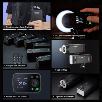 GODOX AD200 PRO II Flash (2025) AD200 PRO Strobe, Updated 200Ws 2.4G 1/512 to Full Power (1/1) Ten-Step Power Adjustment, Color Temperature Constant Mode ±100K Flash Head Pocket Flash Monolight