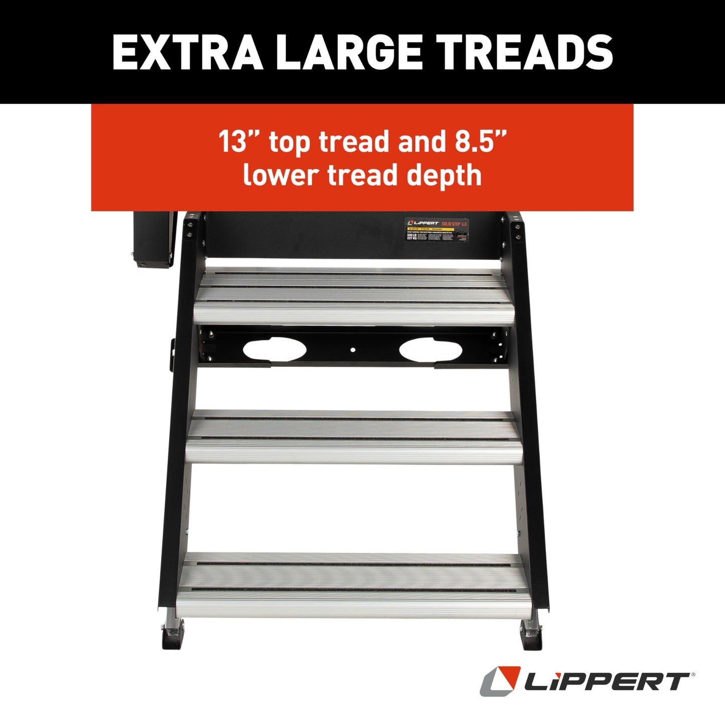 Lippert Solid Step 4.0 Premium Triple RV Camper Entry Steps with Lift Assist Gas Struts, 26" Step Width, XL Top Tread, 8" Rise, 500-lb. Weight Capacity, Adjustable Legs, Recessed Feet - 2024056998
