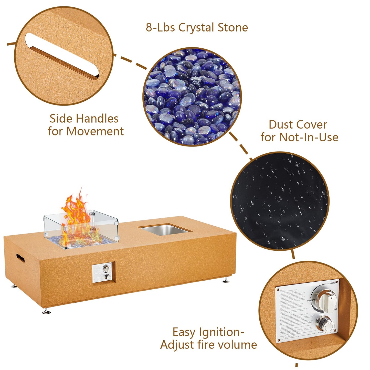 GarveeLife 56" Propane Fire Pit Table with Ice Bucket，50000BTU Fire Table with 13" Square Drink Ice Bucket Wind Guard, Fire Glass Beads & CSA Safety Certified Outdoor Firepit for Patio Garden(Orange)