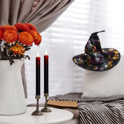 Lasumora Halloween Black Flameless Taper Candles Flickering with Remote Timer, Battery Operated Led Taper Candle, 4 Pcs Drip Wax Candlesticks for Halloween Decor Horror Party Table Window Decoration
