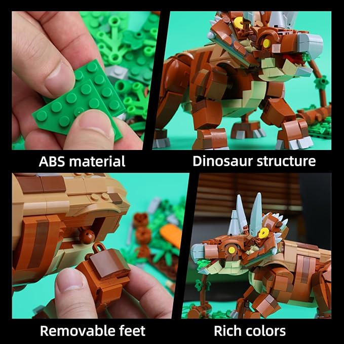 MENTOJOY Dinosaur Building Blocks Set - 729 Pcs Triceratops STEM Toy with Movable Parts Educational Gift for Boys Ages 8-12