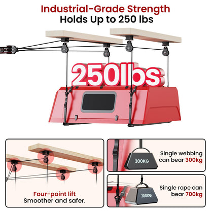 Pacikwest Truck Cap Hoist System for Garage Ceiling, Smart 4-Point Self-Leveling Garage Hoist with 8:1 Pulley Lift System, Easy One-Person Overhead Garage Storage Lift for Truck Topper Rack, 250 lb