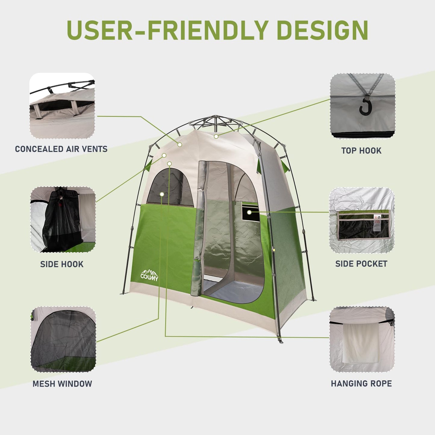 Coumy 2 Rooms Instant Camping Shower Tent Privacy Shelter,Portable Outdoor Shower,Changing Room,Sun Shelter for Camping,Beach Hiking,and Fishing,Green