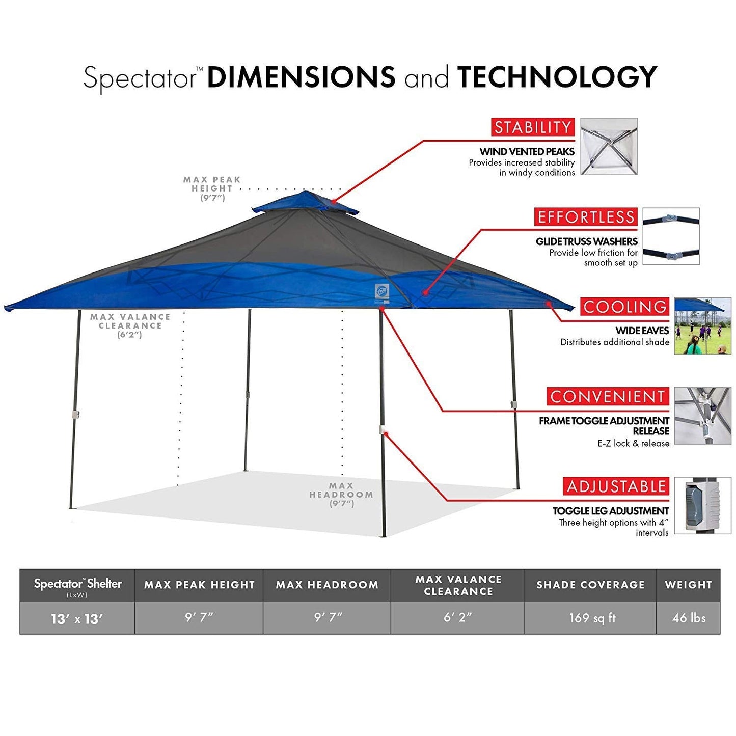 E-Z UP Spectator Instant Shelter Canopy, 13' x 13' with 169 sq ft of Shade, Vented Roof, Royal Blue Dual Tone