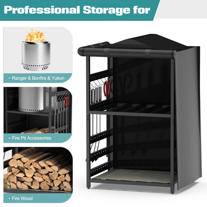 Bknius Storage Station for Solo Stove Bonfire 2.0, Yukon, Ranger, Storage for Fire Pit Tools and Accessories, Firewood Rack Outdoor with Waterproof Cover, Iron Black