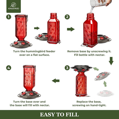 Kingsyard Hummingbird Feeder - 24 Ounce Glass Nectar Feeder with 6 Ports & Ant Moat | Red Garden Décor