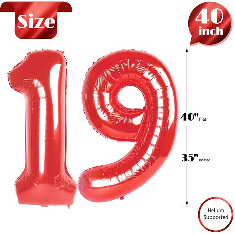 Red Number 19 Balloon 40 inch, 19 Number Balloons, 19th Red Birthday Decorations, 19 Year Old Girls Boys Party Supplies
