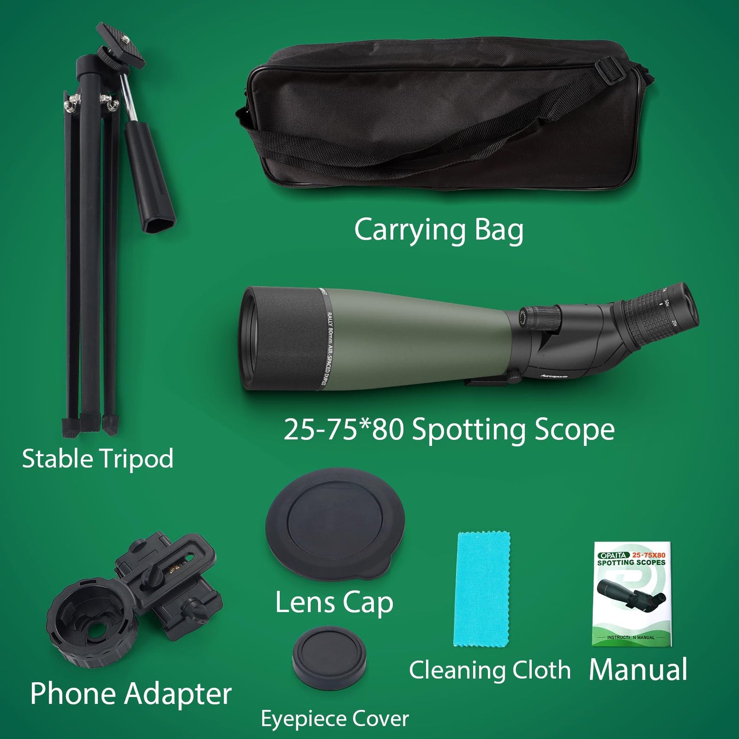 opaita 25-75x80 Spotting Scope for Target Shooting - HD Waterproof Scope for Hunting Bird Watching Wildlife Observation - High Powered Spotter Scope with BAK4 Prism Tripod & Phone Adapter