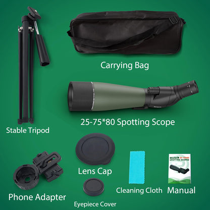 opaita 25-75x80 Spotting Scope for Target Shooting - HD Waterproof Scope for Hunting Bird Watching Wildlife Observation - High Powered Spotter Scope with BAK4 Prism Tripod & Phone Adapter