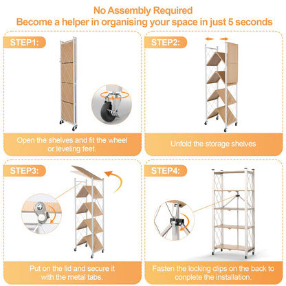 Yuanjimi 5-Tier Foldable Storage Shelves with Wheels, Folding Metal Shelf Unit, Folding Bookshelf no Assembly, Collapsible Shelves for Craft Shows for Kitchen, Bedroom, Living Room, Natural