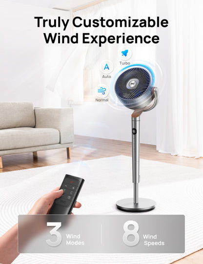 DREO Fan for Bedroom, 120°+120°Omni-directional Oscillating Fan, 90ft, DC Motor, 20 dB Quiet Standing Pedestal Fans, 8 Speeds, 3 Modes Circulator with Remote, 35-40" Adjustable Height, 8H Timer