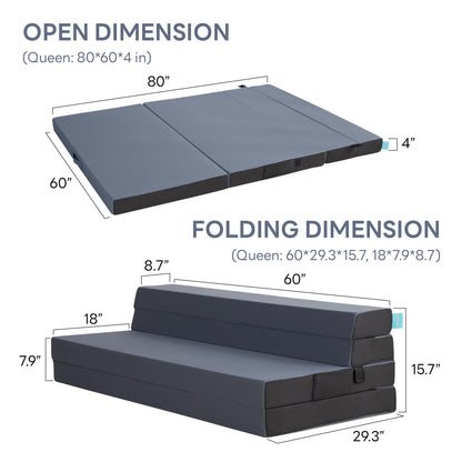 LIKIMIO Folding Mattress Queen, High Density Foam Mattress with Breathable and Washable Cover & Storage Bag, 4 Inch Foldable Mat Topper for Camping, RV and Yoga, Handle Design, Blue