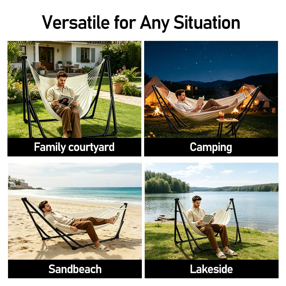 2-in-1 Hammock Chair with Stand for Adults, Portable Hammock with Collapsible Steel Frame, Adjustable Folding Design for Outdoor & Indoor Use, Patio, Camping, Travel, Supports 440 LBS
