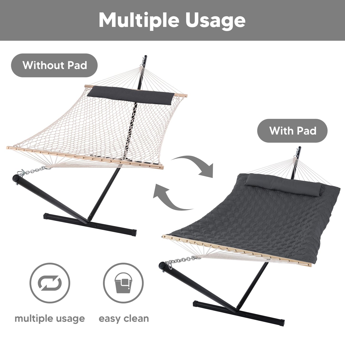 SUNCREAT Hammocks for Outside with Stand, Extra Large 2 Person Hammock with Stand, Carrying Bag, Dark Gray Drops