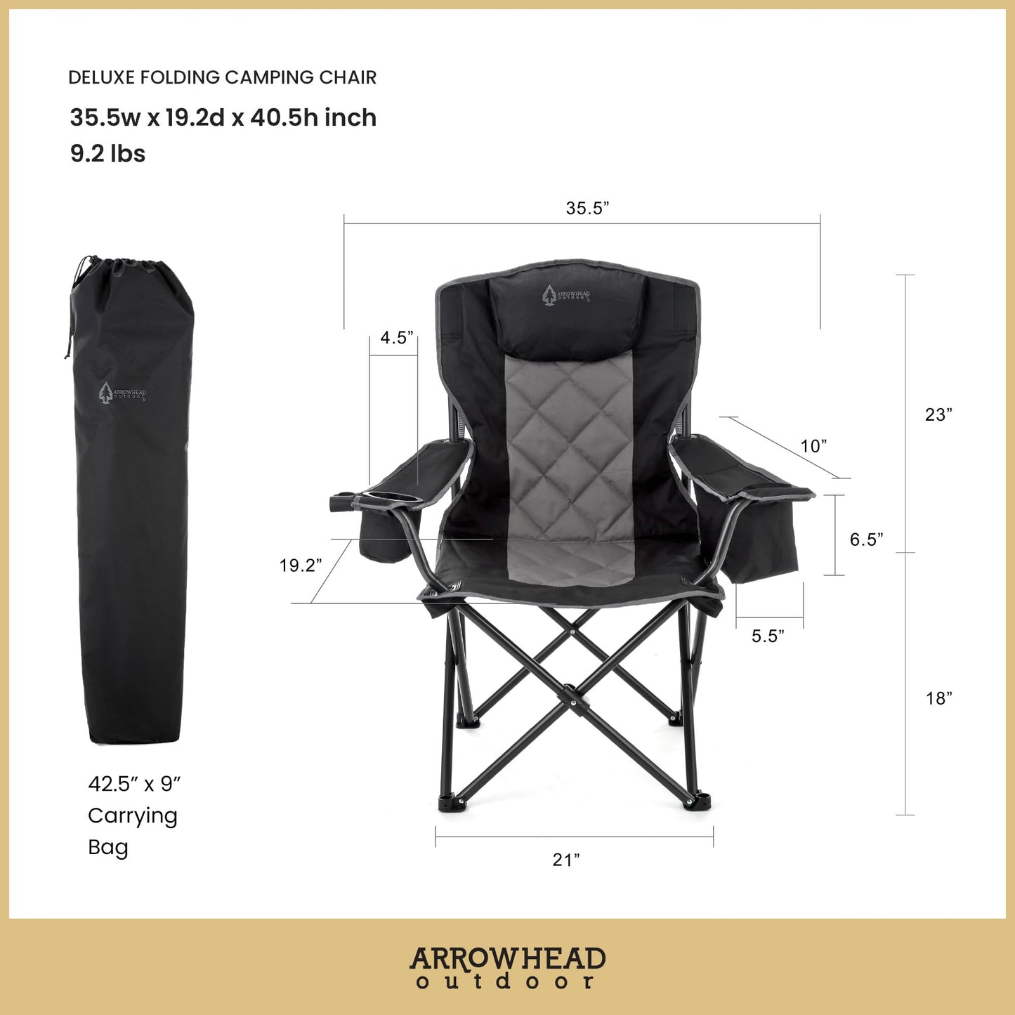 ARROWHEAD OUTDOOR 2-Pack Portable Deluxe Folding Camp Quad Chair w/Headrest, Glass & Cup Holders, Armest 6-can Cooler, Heavy Duty Carry Bag, 550 lbs Weight Capacity
