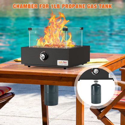 ONLYFIRE OUTDOOR LIVING Portable Propane Gas Fire Pit Bottom-Mounted for Table with Umbrella Hole, Tabletop Smokeless Firepit with Wind Guard for Patio Camping RV Tailgating, 23000BTU, Square FP041