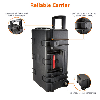 Amazon Basics Hard Protective Camera Case with Wheels, Large, Black, 22"L x 14"W x 9.8"H