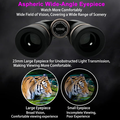 Teenkeen 12x42 ED HD Binoculars for Adults, IPX7 Nitrogen Filled Waterproof & Fogproof Large Eyepiece Low Light Vision Optical System with FMC Coated & BAK4 Prism for Bird Watching Travel Hunting