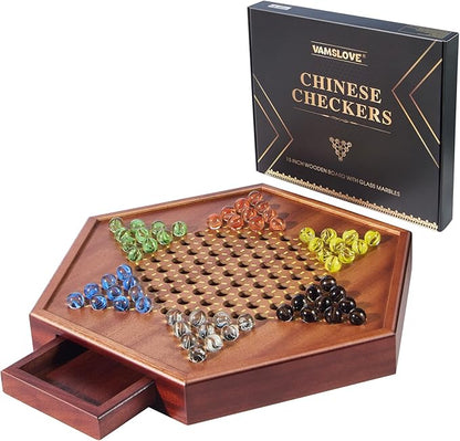 VAMSLOVE Chinese Checkers 15 Large Upgraded Version Wooden Game Board 16mm 60+12 Colorful Glass Marbles Easy Grasping for Adults and Kids w/Storage Drawer Fun for Family Gathering
