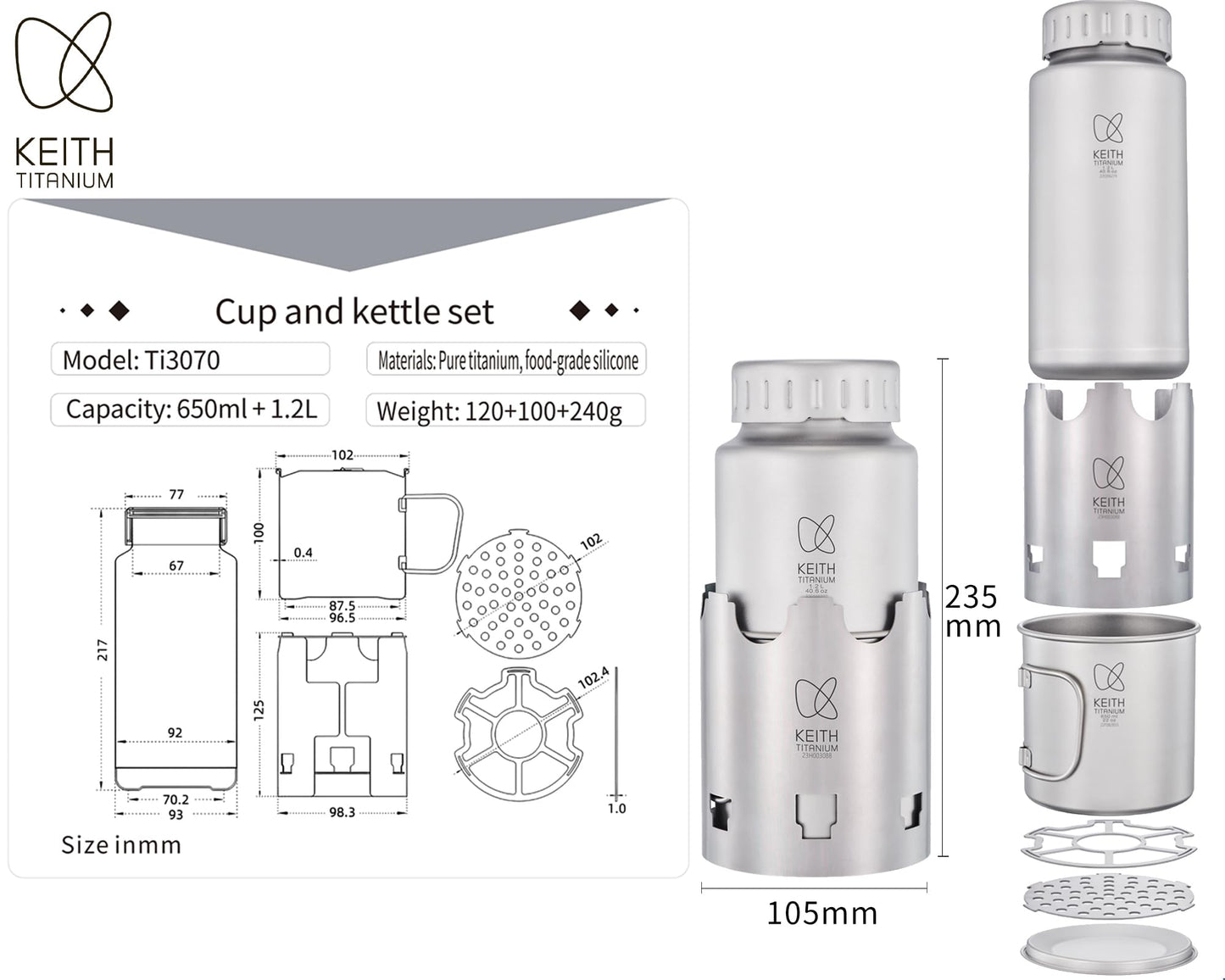 Keith Titanium Ti3070 Nesting Camp Set - Ultralight Plastic-Free Titanium Bottle, Mug & Wood Stove with Canvas Carry Bag - Durable, Portable, and Eco-Friendly for Camping, Hiking & Outdoor Adventures