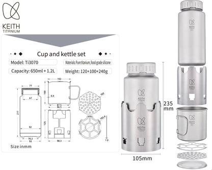 Keith Titanium Ti3070 Nesting Camp Set - Ultralight Plastic-Free Titanium Bottle, Mug & Wood Stove with Canvas Carry Bag - Durable, Portable, and Eco-Friendly for Camping, Hiking & Outdoor Adventures