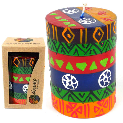 Global Crafts Shahida Design - Hand Painted Pillar Candle - Unscented African Geometric Gift Box