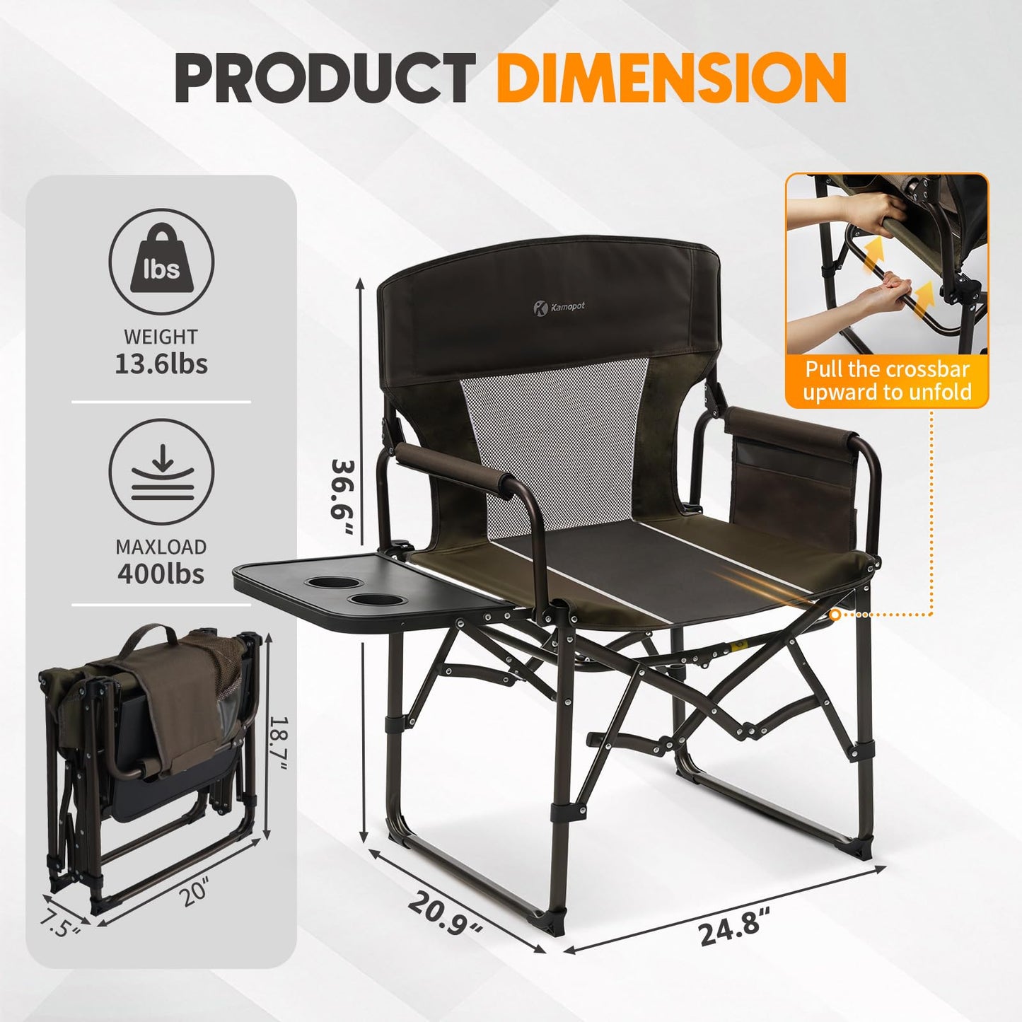 kamopot Directors Chair Foldable with Side Table, 400lb Heavy Duty for Adults Outdoor, Folding Camping Chair for Sideline Sports, Fishing, Patio, Lawn, Picnic, Beach, 2-Pack Brown