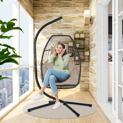 BestOffice Egg Chair Indoor Outdoor with Stand Swing Hanging Rattan Patio Basket Chair with Soft Cloud Polyester Cushion Adjustable Headset for Bedroom Outdoor Garden Swimming Pool Porch, Tan