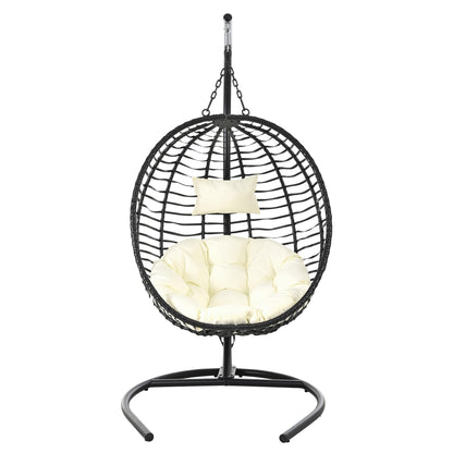Merax Folding Hanging Egg Chair with Stand, Indoor Outdoor Wicker Hammock Swing Chair with Adjustable Anti-Slip Feet for Balcony, Bedroom, Garden