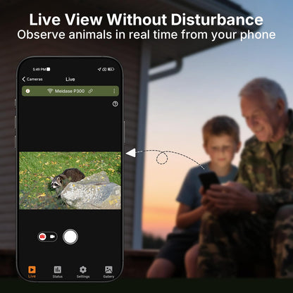 Meidase Solar WiFi Trail Camera P300 (Non-Cellular), 64MP Photos, 1296P Video, 165ft Dual-Antenna Range, Motion Activated