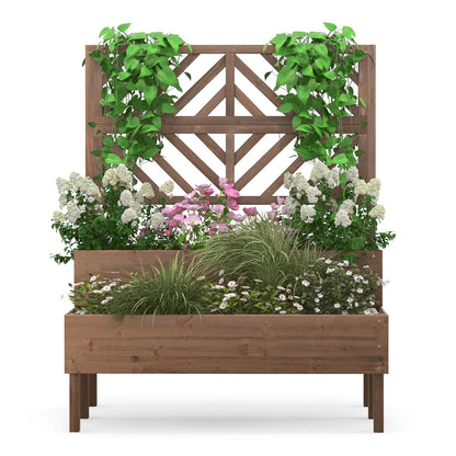 LDAILY Raised Garden Bed with Trellis & 2 Planter Boxes, 2-Tier Wooden Raised Bed with Bottom, Elevated Legs & 10 Drainage Holes, Gardening Planter Box for Flowers/Vegetables/Fruits in Backyard Patio