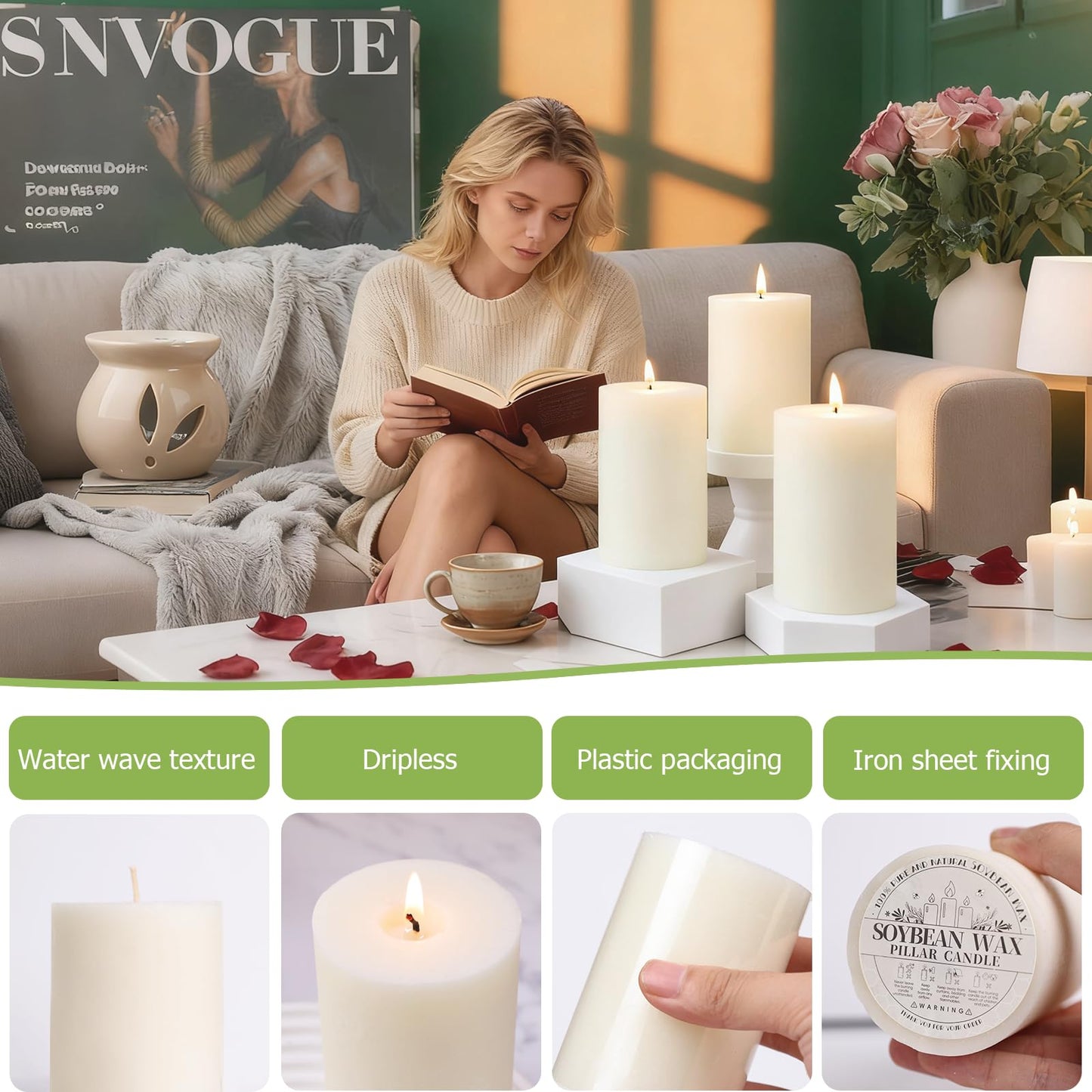 6 Pack Soy White Pillar Candles,Natural Soybean Pillar Candles,330 H Long Burning,2.8x4in Non-Toxic,Unscented,Dripless and Smokeless Rustic Hand-Poured Candles Dinner Table,for Wedding,Home