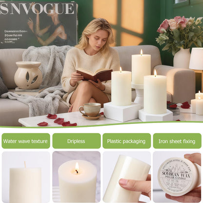 6 Pack Soy White Pillar Candles,Natural Soybean Pillar Candles,330 H Long Burning,2.8x4in Non-Toxic,Unscented,Dripless and Smokeless Rustic Hand-Poured Candles Dinner Table,for Wedding,Home