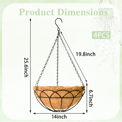 EIMQUVW 4-Pack Outdoor Metal Hanging Baskets 14 Inches Black Round Flower Pot with Coconut Fiber Lining Decorative Wire Hanging Planter Suitable for Patios Gardens and Walls