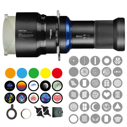 Bussi MG06 Max Bowens Mount Snoot with 40 Gobos, 36° Lens Optical Snoot Spotlight for Photography Video Shape Light Studio,GOBO Light, Strobe Bowens Mount