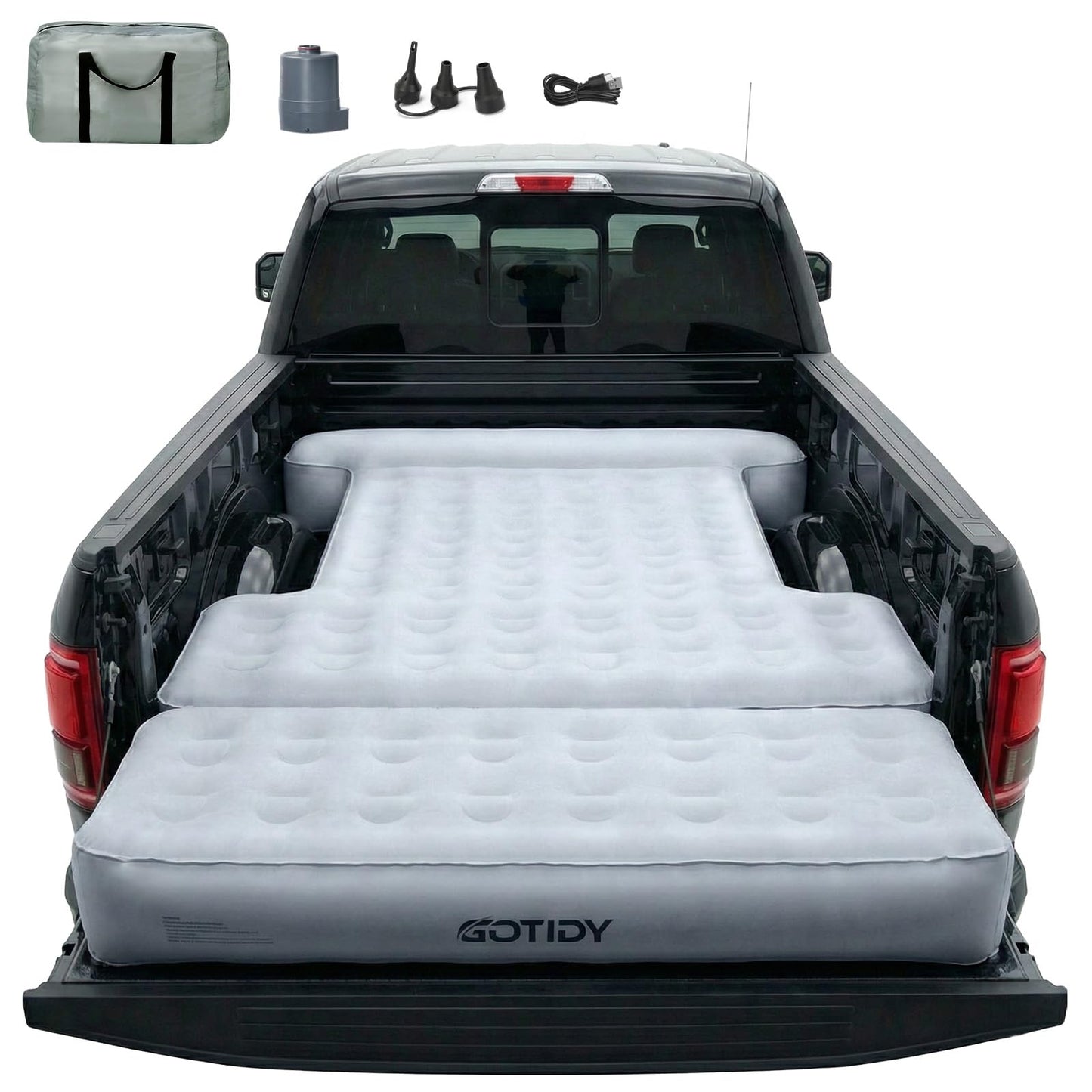 Comfortable Fabric Texture Truck Bed Mattress 5.5-5.8ft for Full-Size Pickup with extender, Truck Bed Air Mattress Customized for Tundra/ F150/ Silverado/ Ram1500, with Bult-in-Air Pump,Camping