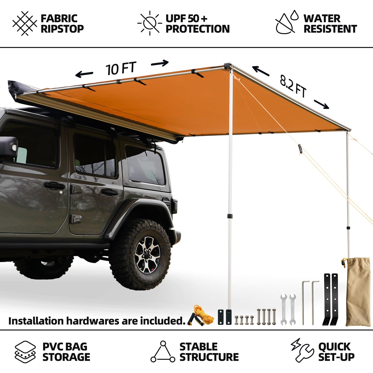 SAMOUT Vehicle Awning, 8.2ft x 10ft, Rooftop Pullout Ripstop UPF50+ Side Awning, Reinforced Hinges & Poles for Jeep/SUV/Truck/Van