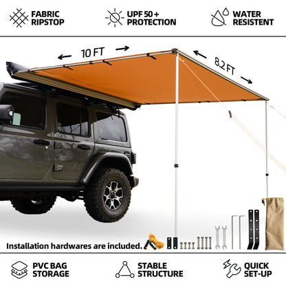 SAMOUT Vehicle Awning, 8.2ft x 10ft, Rooftop Pullout Ripstop UPF50+ Side Awning, Reinforced Hinges & Poles for Jeep/SUV/Truck/Van