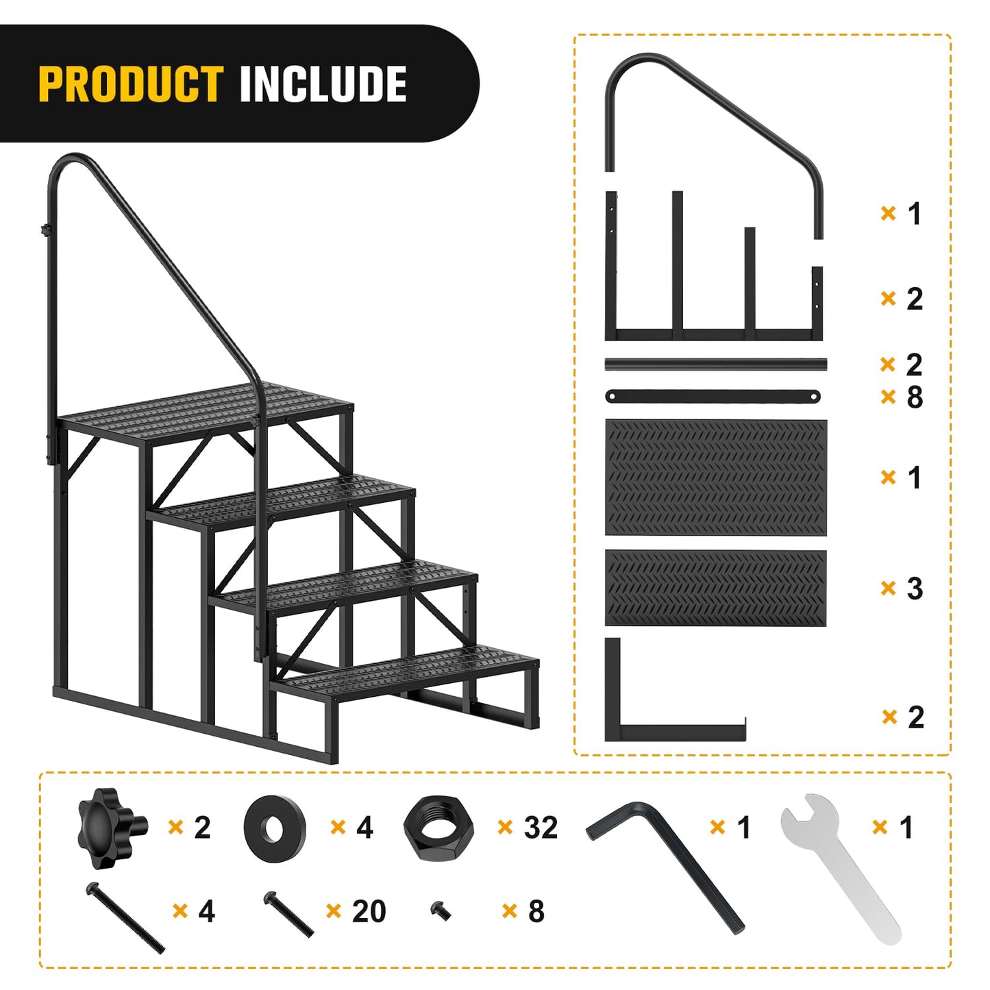 Nilight RV Steps with Handrail, 4 Steps Hot Tub Steps Outdoor RV Stairs Step Portable Mobile Motor Home Stairs for Camper Travel Trailers Dock Entry Steps 5th Wheel RV Porch with Anti-Slip Handrail