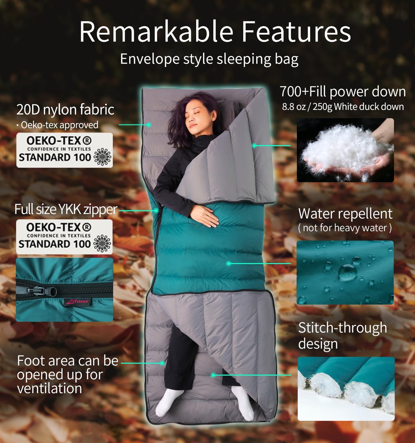 Litume Ultra Compact Down Sleeping Bag, 3 Season, Lightweight, 700 Fill Power, Packable Adults, Double for Backpacking, Camping, Hiking, with Stuff Sack Sleep Sacks (C2202)