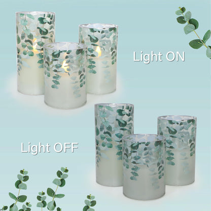 Immeiscent Green Glass Flameless Candles Remote Timer Eucalyptus Leaves Greenery Design Battery Operated Flicker Pillar Candle for Wedding Centerpiece Spring Easter Farmhouse Home Decoration, Set of 3