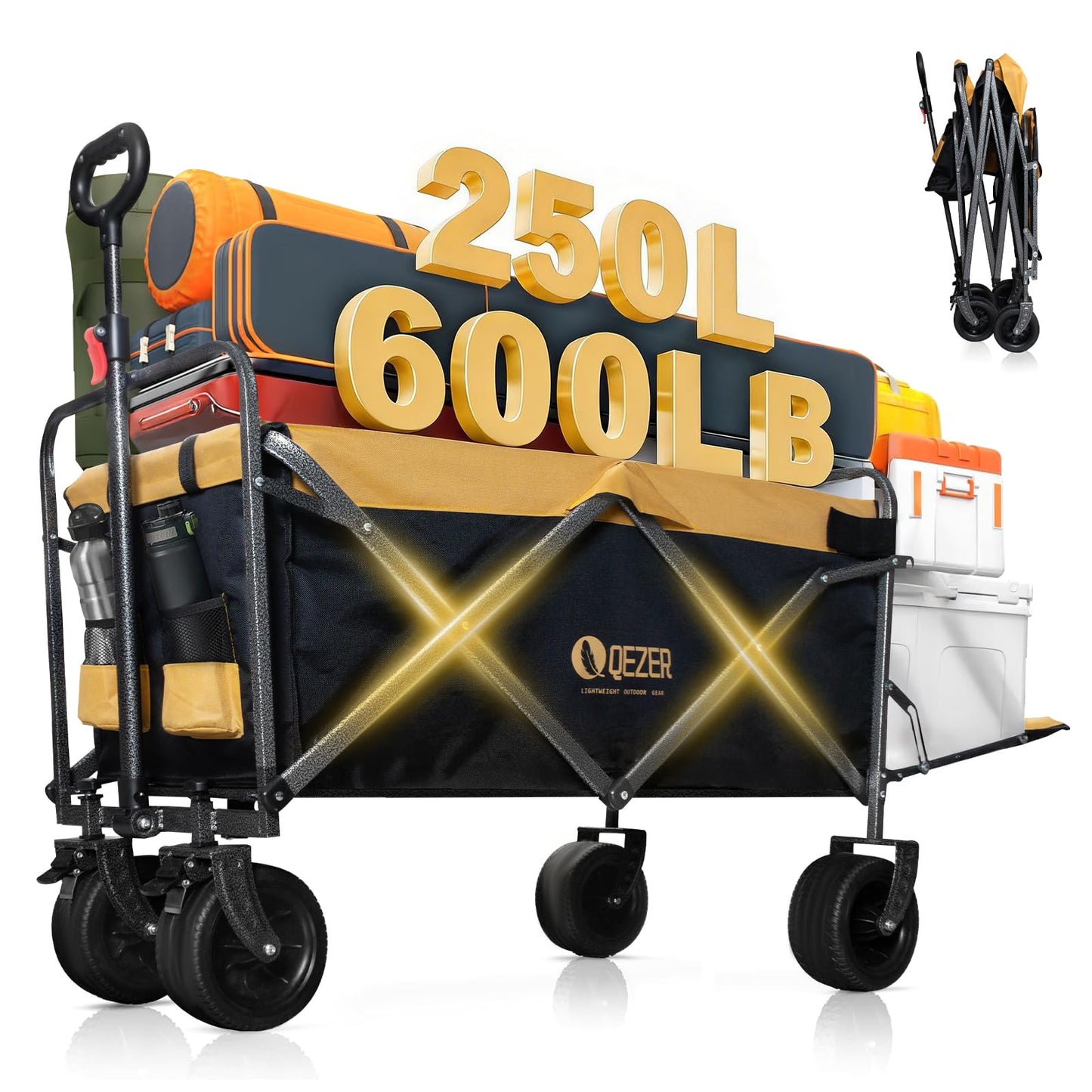 QEZER 56" Large Collapsible Folding Wagon with Tailgate and Brake, 600LBS Heavy Duty Utility Cart, 250L Large All-Terrain Beach Wagon for Camping Garden Shopping Grocery Sports (Yellow, 250L)
