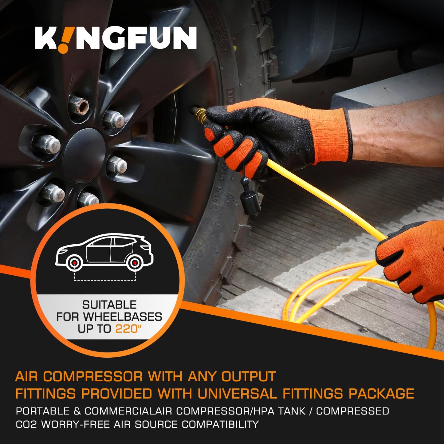 Kingfun 4 Tire Inflation & Deflation System, Rapid High Flow 4 Way Tire Inflator Hose Kit with Digital Pressure Gauge, Fits Up to 220" Wheelbase for Off-Road, Jeep, Truck, SUV