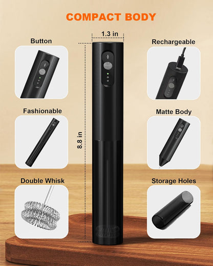 Skiennix 3-Speed Rechargeable Milk Frother - Dual Coil Whisk for Coffee, Matcha & Hot Chocolate | Portable Black Handheld Wand
