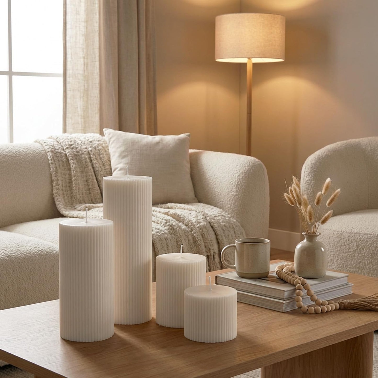PEDOBALI Ribbed Pillar Candles Set of 4, Pillar Orchids Scented Candles Width 3" High 3" 4" 6" 8" Large Aesthetic Ribbed Soy Wax for Living Room Bathroom Modern Home Decor(Cream)